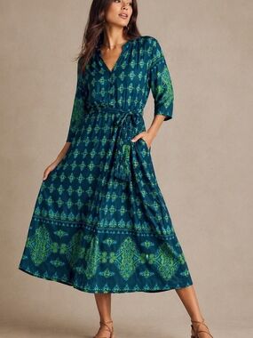 Reborn New York Teal Paisley Belted Midi Dress XL Boho Office